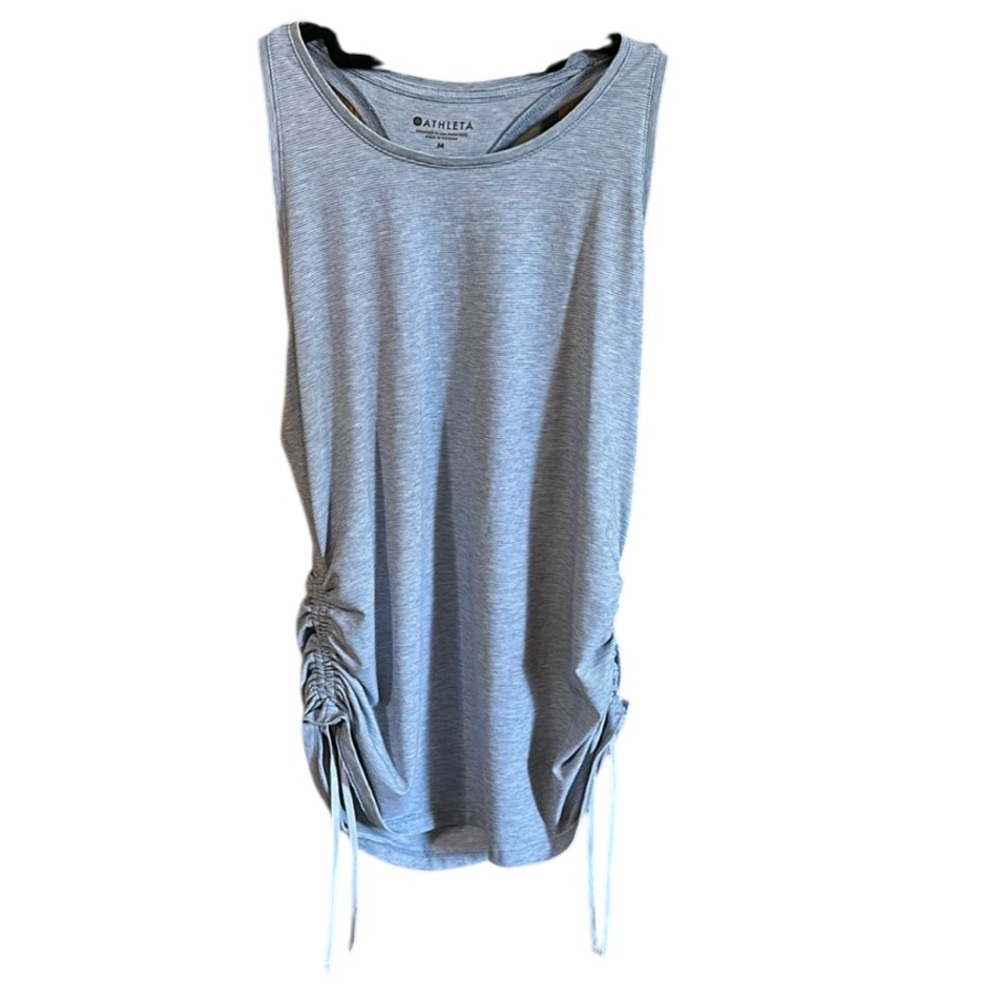 Athleta Racerback Heathered Gray/Blue Tank Striped with Drawstring Ruched Sides